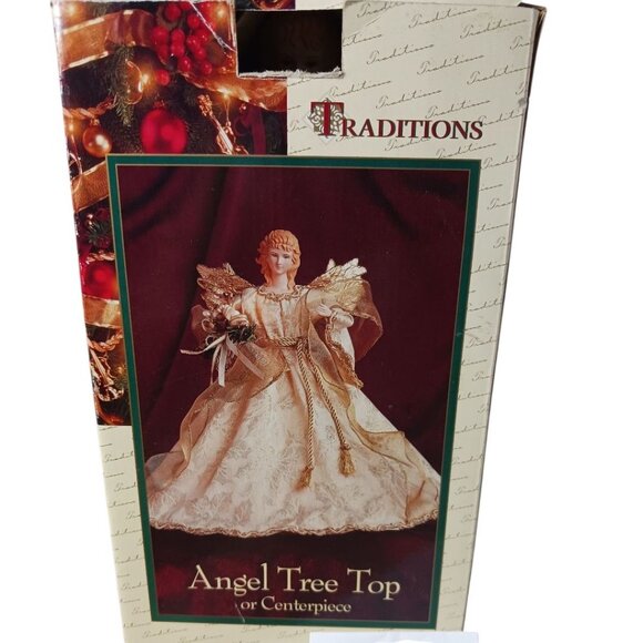 Traditions Vtg Graceful Angel Tree Top With Porcelain Head & Hands Gold Wings - Picture 3 of 11